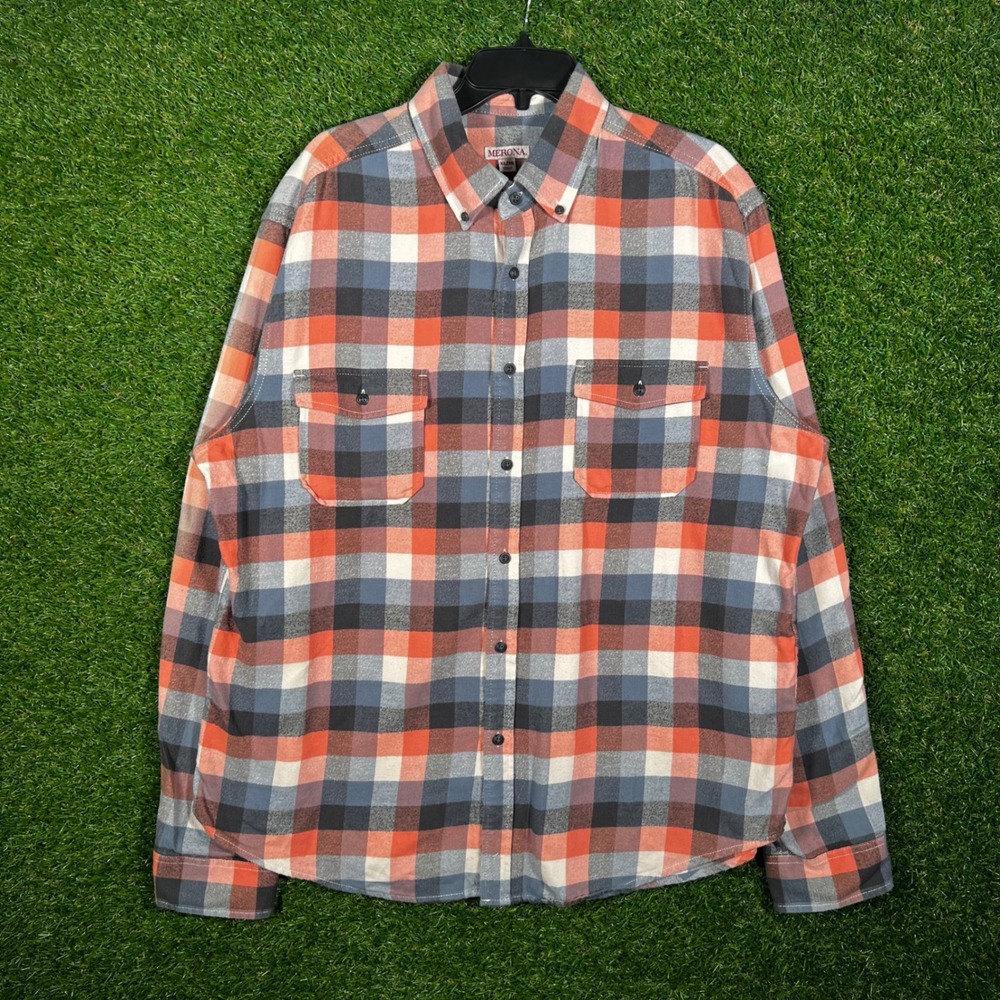 Merona Mens XL Flannel Shirt Orange Navy Blue Plaid Long‎ Sleeve Button Down